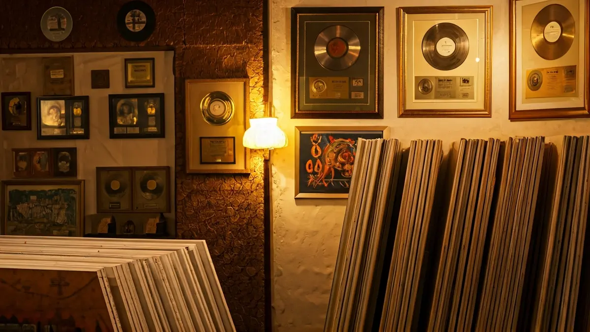 Image of gold and platinum records next to paintings in an Andalusian rural complex.