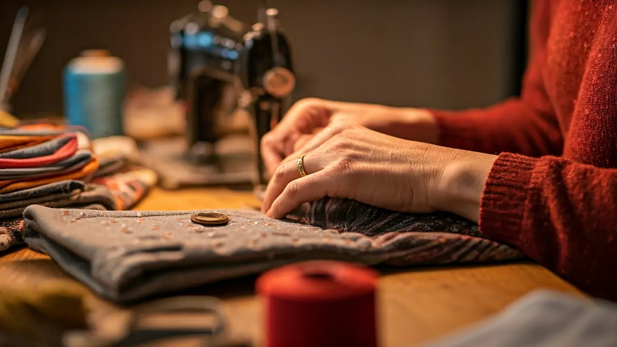 Imagen genérica de manos de artesana cosiendo un bolso textil.