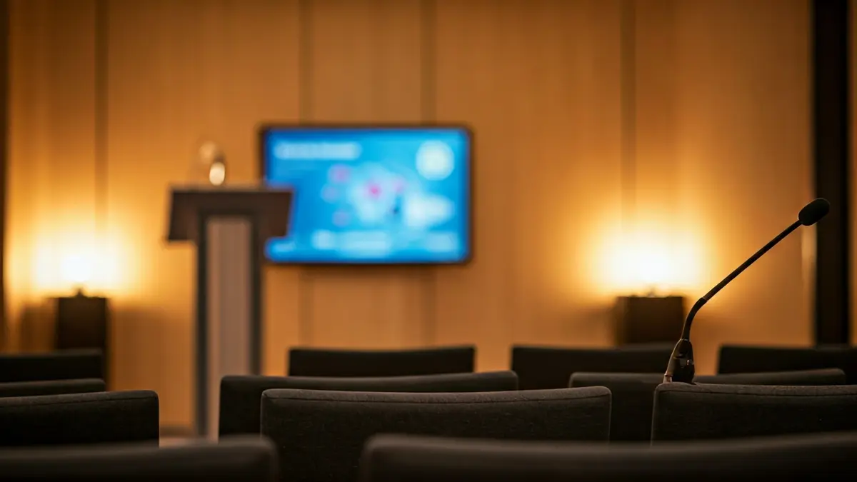 Imagen genérica de un foro o cumbre de salud con un podio y sillas vacías.