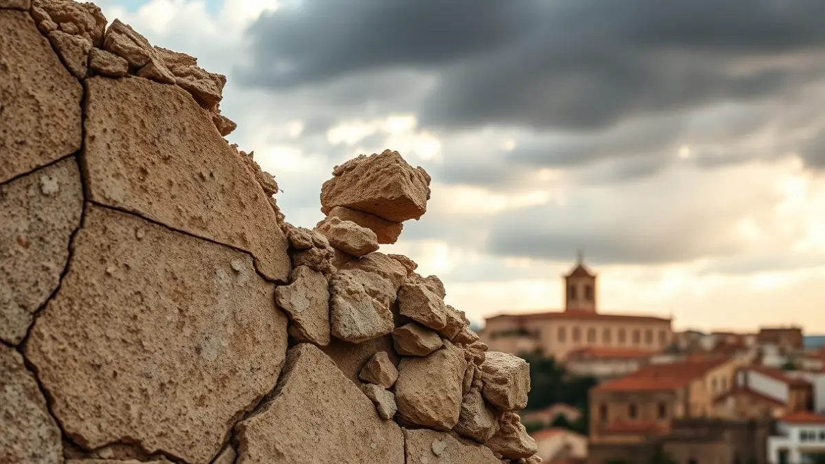 Image of a cracked stone wall, symbolizing earthquake damage in Andalusia.