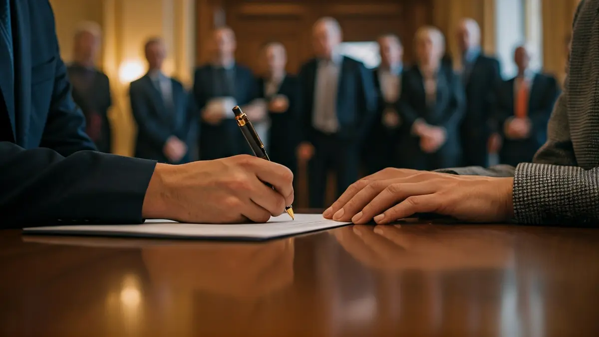Generic image of hands signing a document, symbolizing political and administrative management.