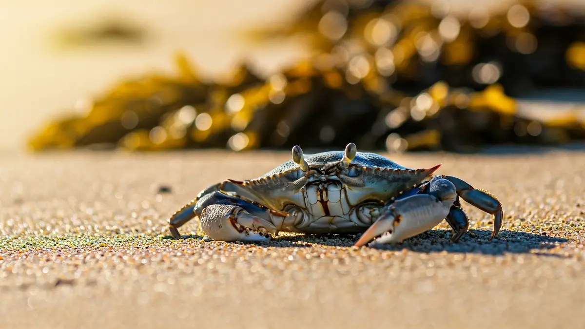 Cangrejo azul y alga asiática en una playa de Andalucía