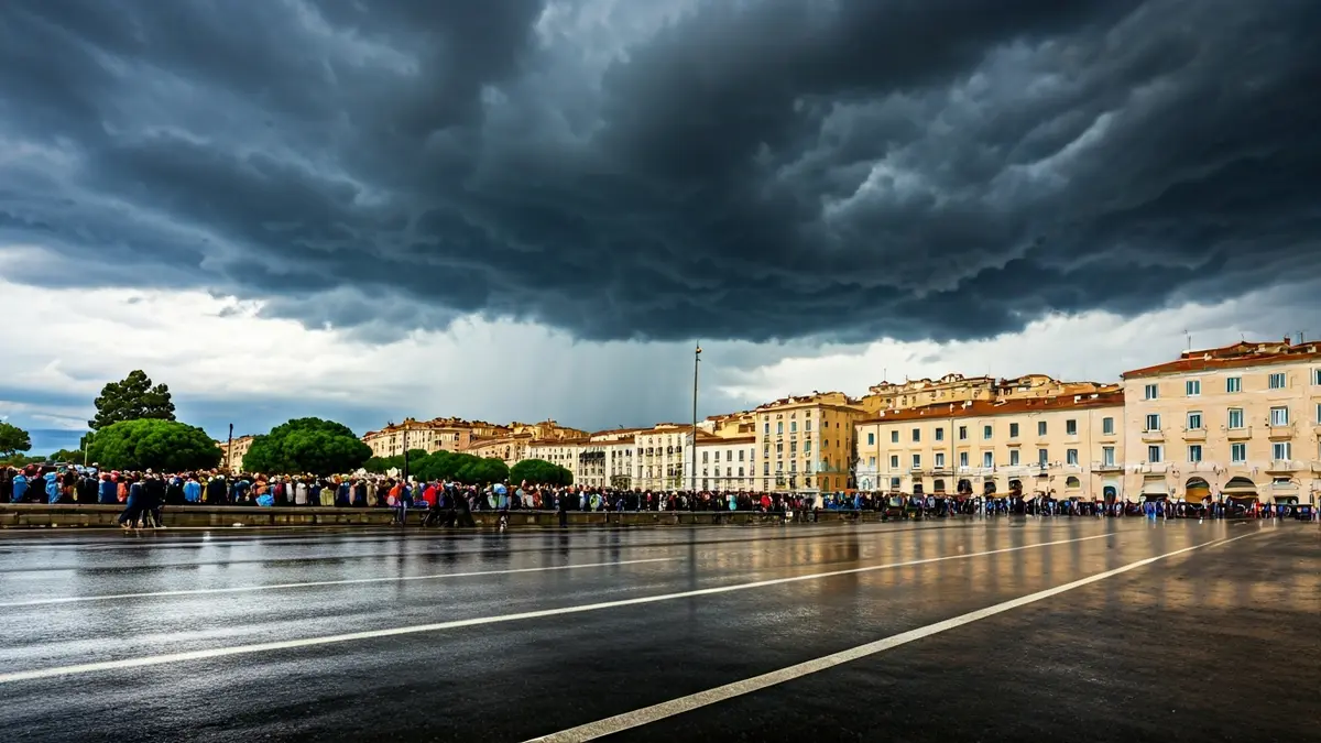 Generic image of dark clouds and rain over a Mediterranean landscape.