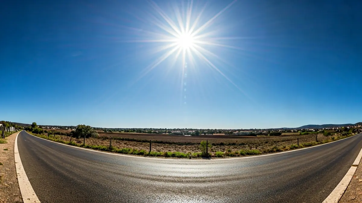 Generic image of a clear blue sky and bright sun over an Andalusian landscape, symbolizing good weather.