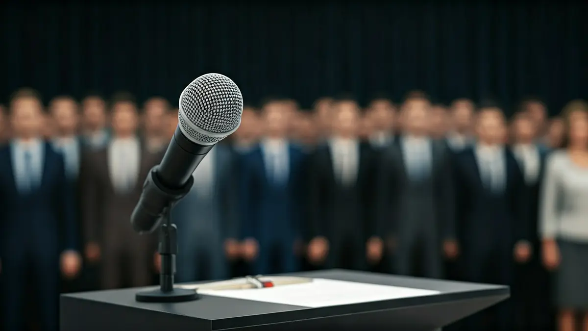 Generic image of a microphone on a podium during a political event.