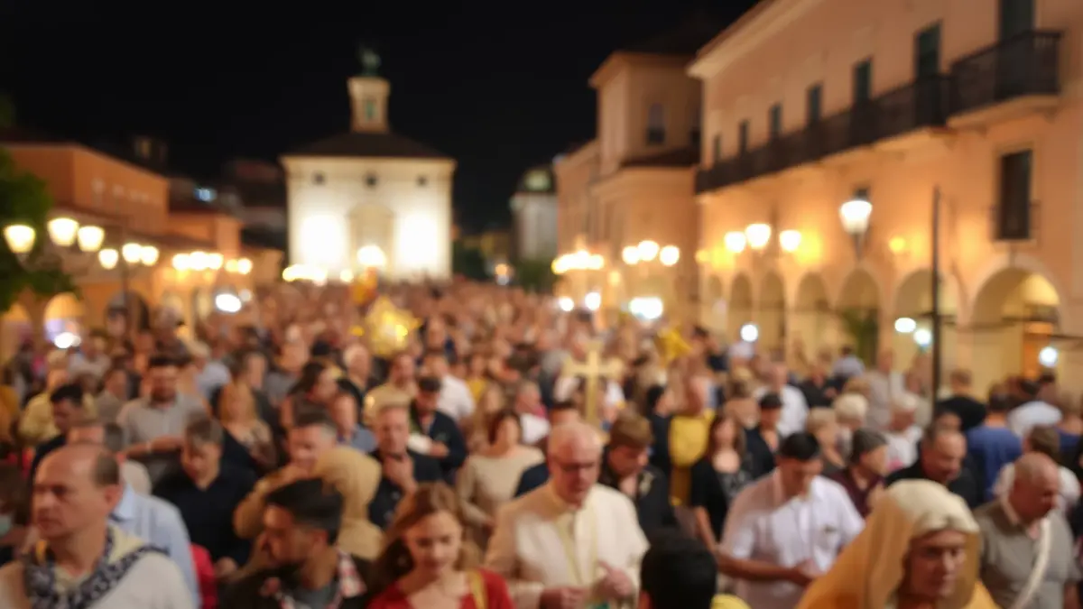 Generic image of a festive crowd in a Mediterranean town square.