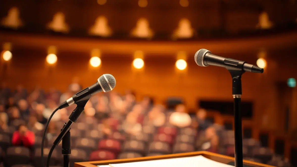 Generic image of a microphone on a podium at a cultural event.