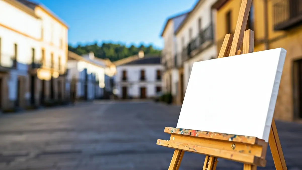 Imagen de un caballete de artista en una plaza andaluza, con edificios históricos y naturaleza de fondo.