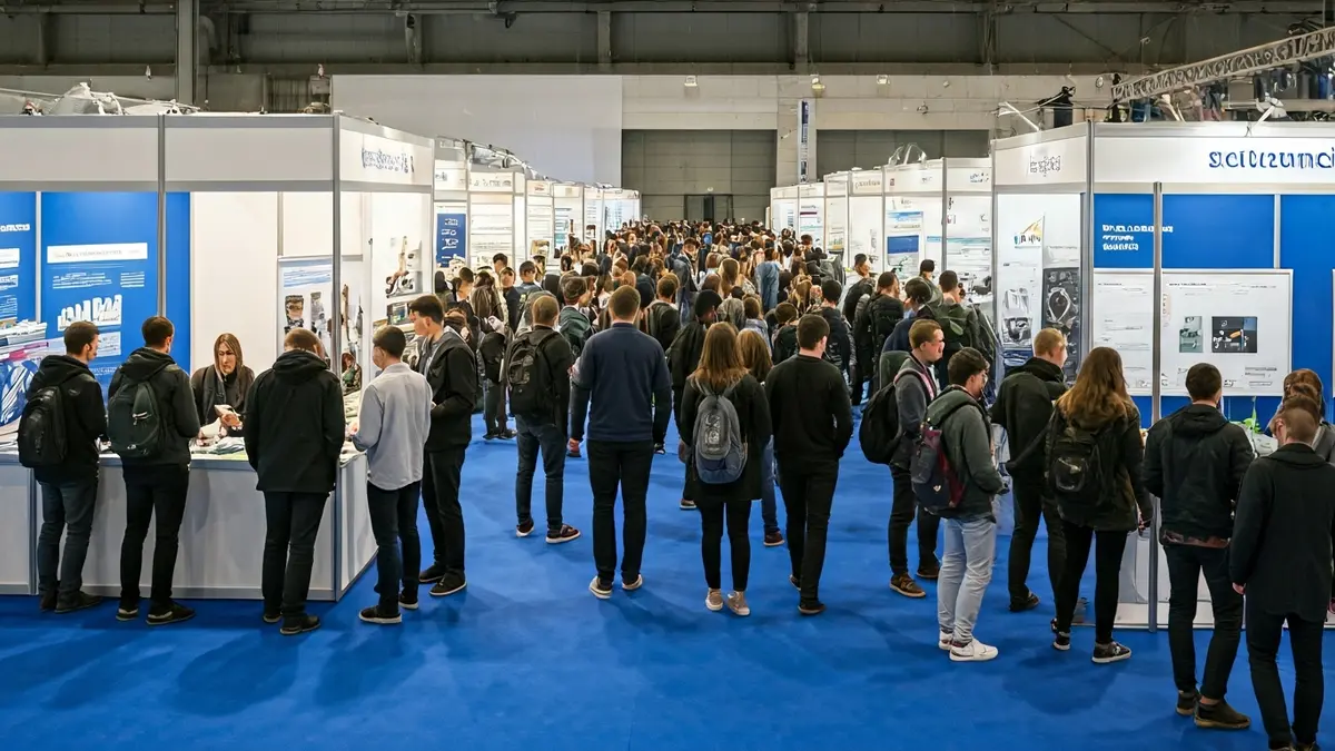 Image of a vocational training fair with students and exhibitors.
