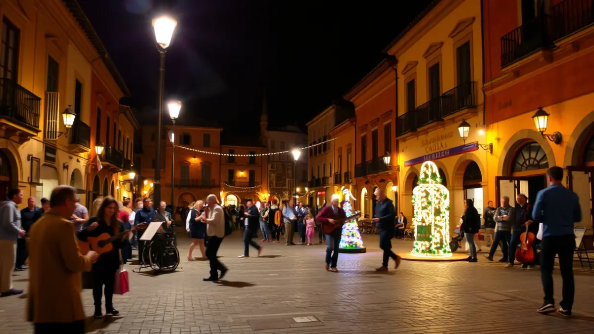 Imagen de una plaza de pueblo andaluz durante una fiesta nocturna, con música y ambiente festivo.