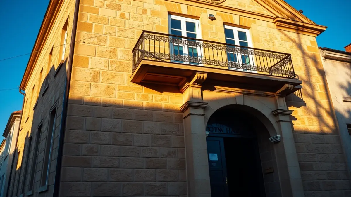 Fachada de un ayuntamiento andaluz con balcón y rejas de hierro, bajo la luz del sol de la tarde.