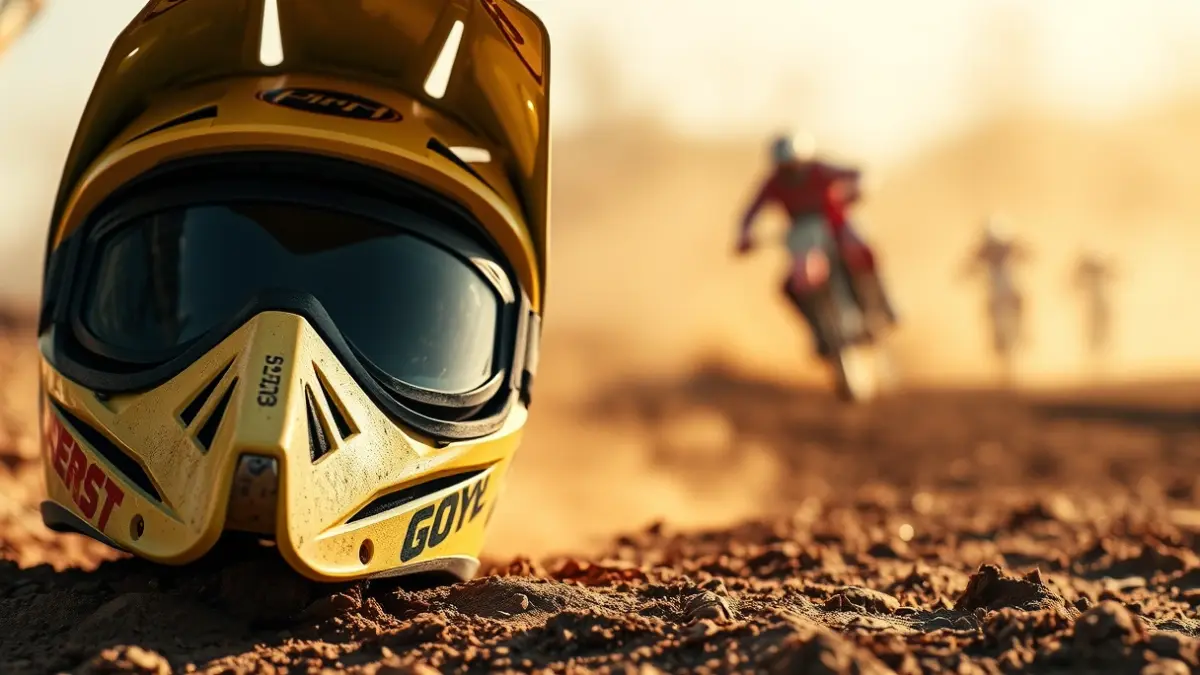 Generic image of a motocross helmet and goggles on a dirt track.