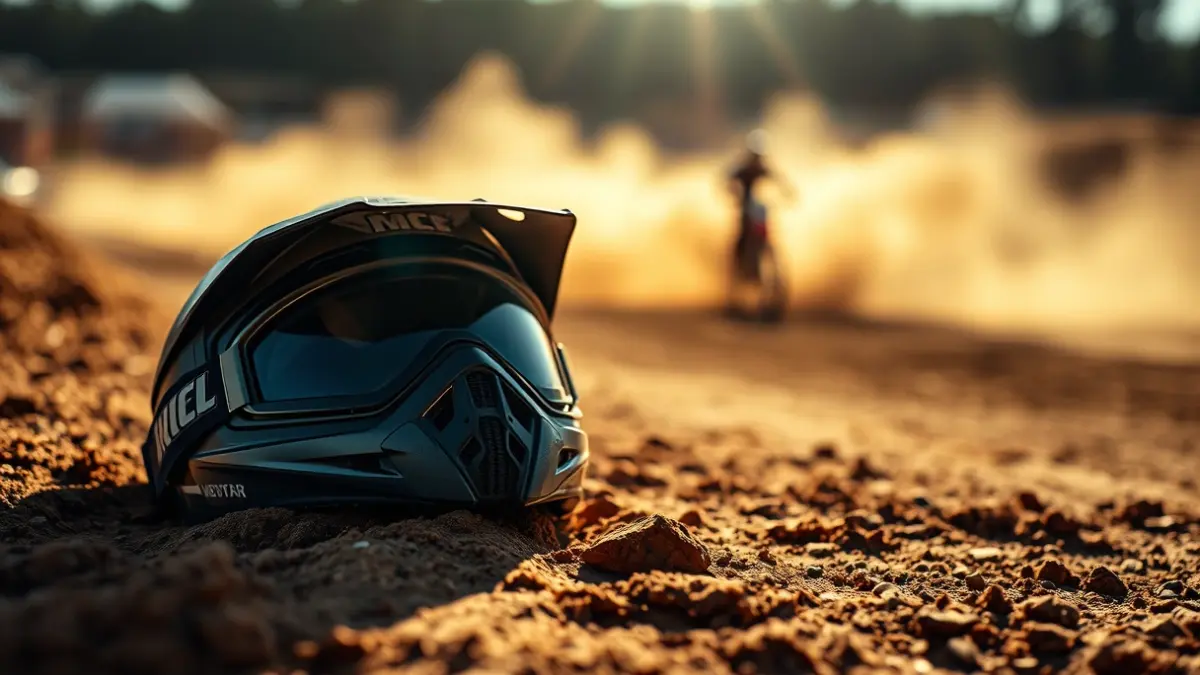 Generic image of a motocross helmet and goggles on a dirt track.