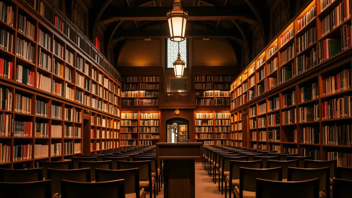 Generic image of a podium with a microphone in a cultural setting, with bookshelves in the background.