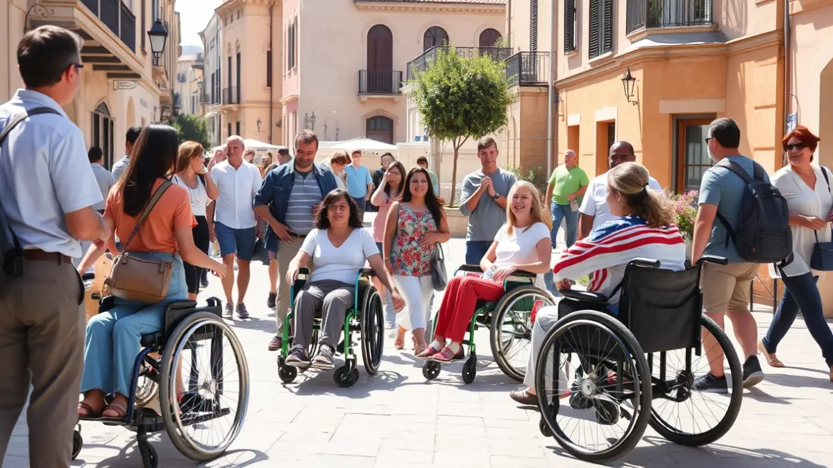 Imagen de personas diversas participando en actividades inclusivas en un entorno urbano.