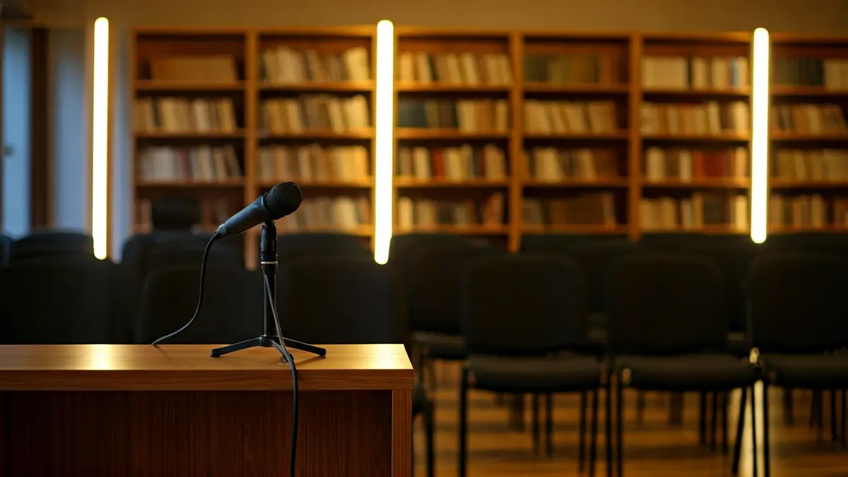 Imagen genérica de una biblioteca con un podio y sillas, iluminada cálidamente.