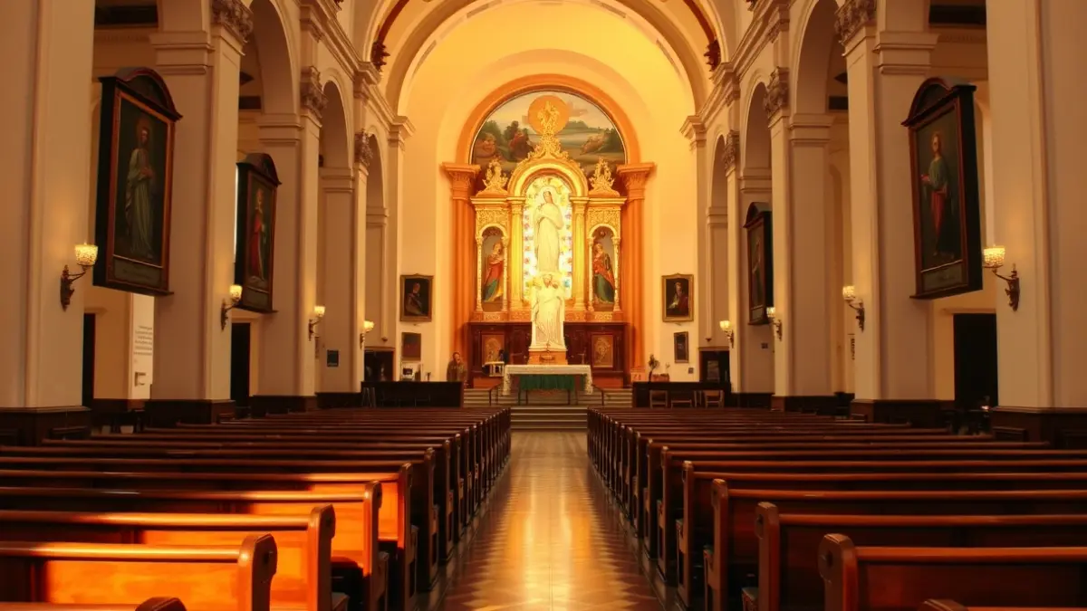 Interior of a church with an illuminated altar, evoking an atmosphere of devotion.