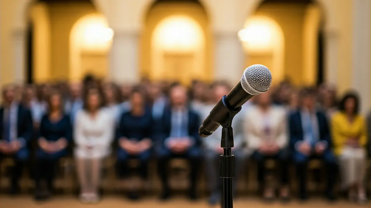 Generic image of a microphone on a podium, symbolizing a political announcement or conference.