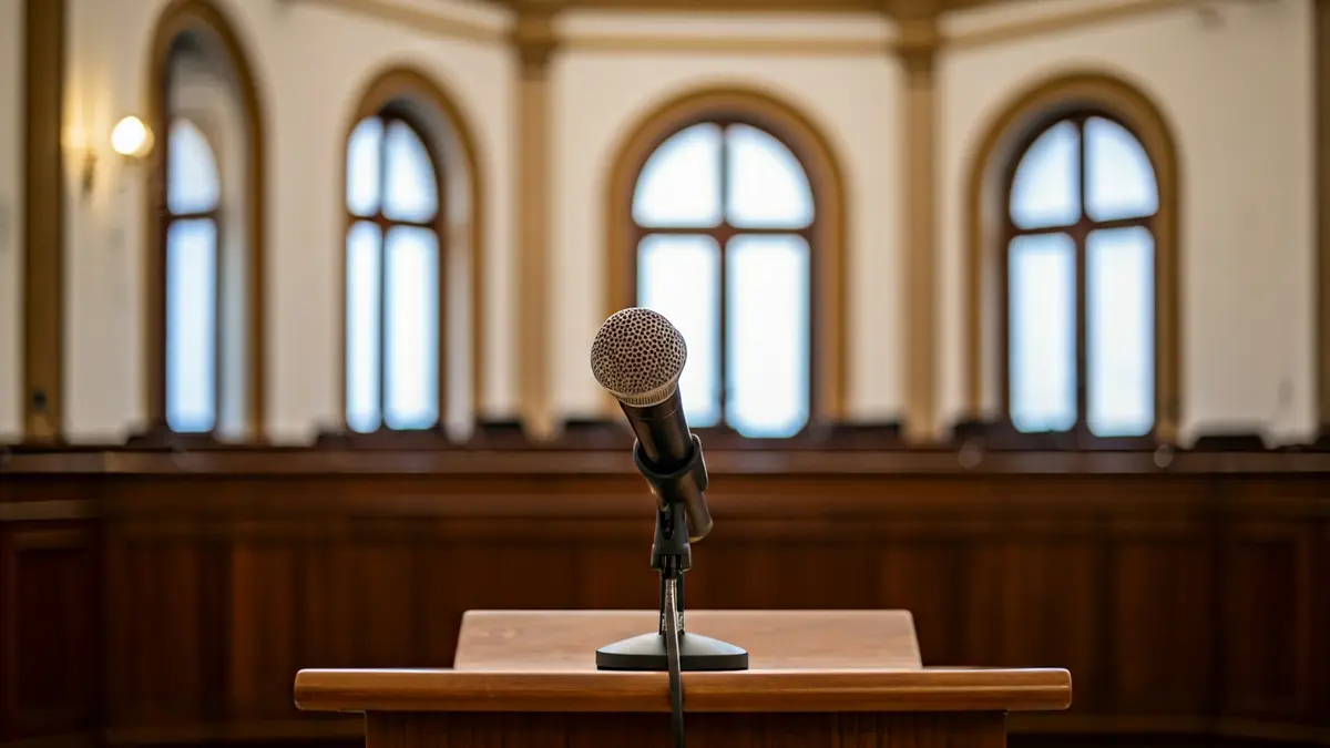Generic image of a microphone on a podium in a meeting room, symbolizing a political debate.