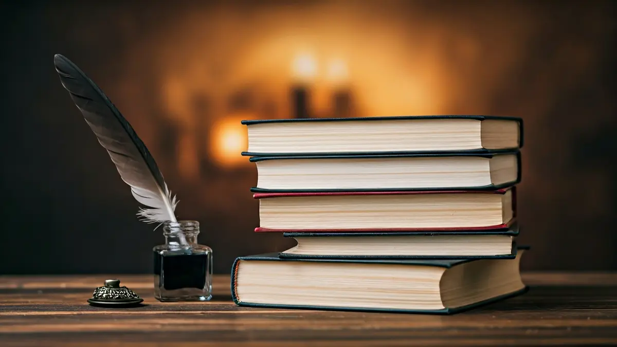 Generic image of historical fiction books and ancient writing tools.