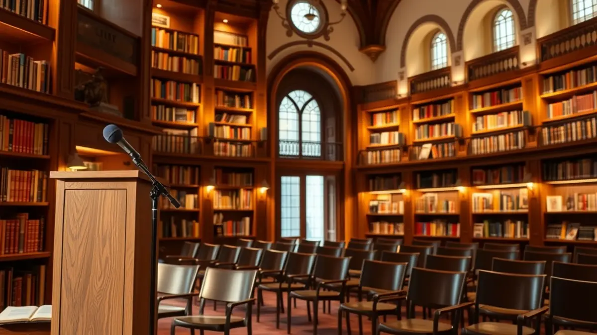Generic image of a book presentation room with a microphone and empty chairs.