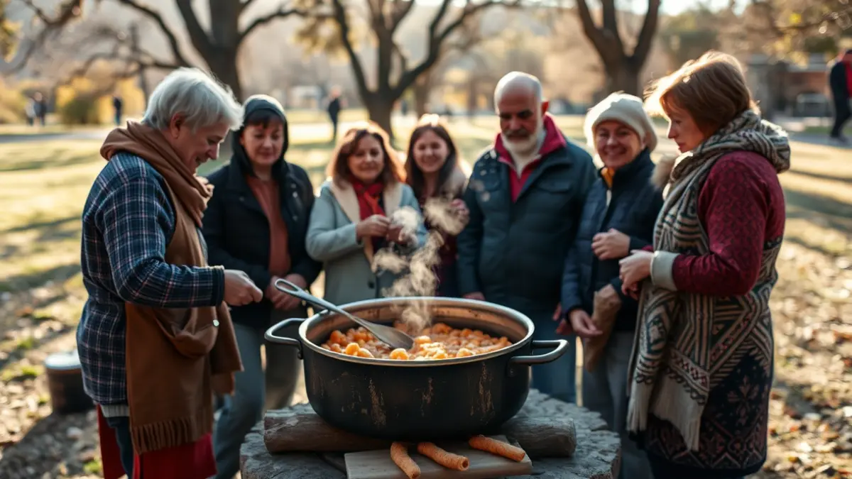 Imagen de un grupo de personas compartiendo un 'perol cordobés' en un entorno natural.