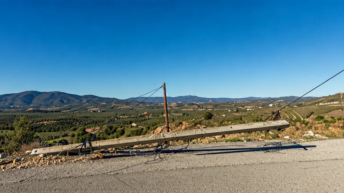 Un poste de servicios caído en una carretera rural de la Sierra de Cádiz.