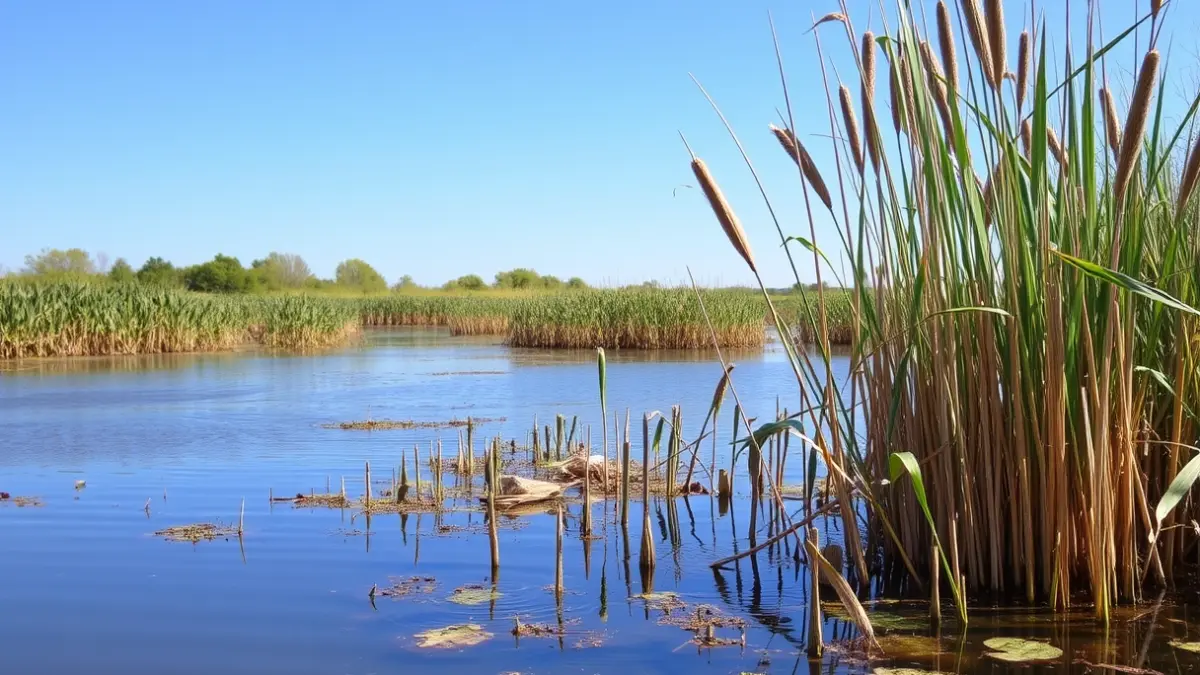 Generic image of a freshwater wetland with vegetation and blue sky.