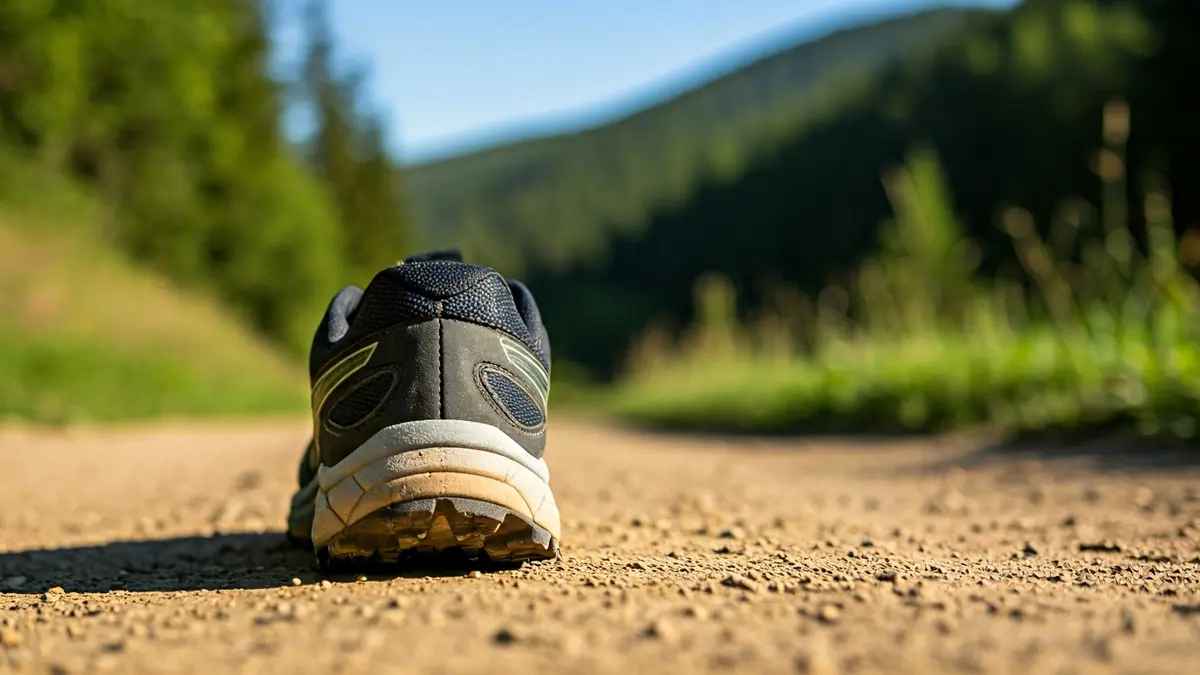 Generic image of a trail running shoe on a mountain path.