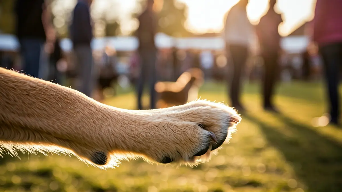 Image of a dog's paw on a leash at a dog fair.