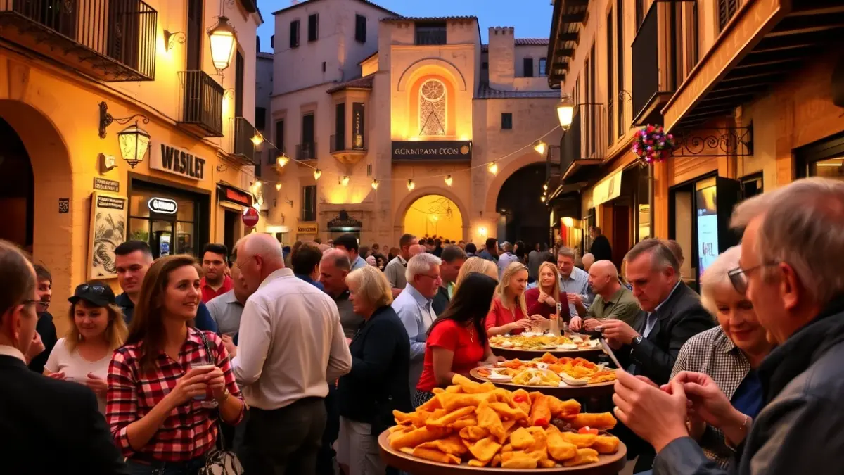 Imagen de ambiente festivo en un pueblo andaluz con gente disfrutando de tapas y música.