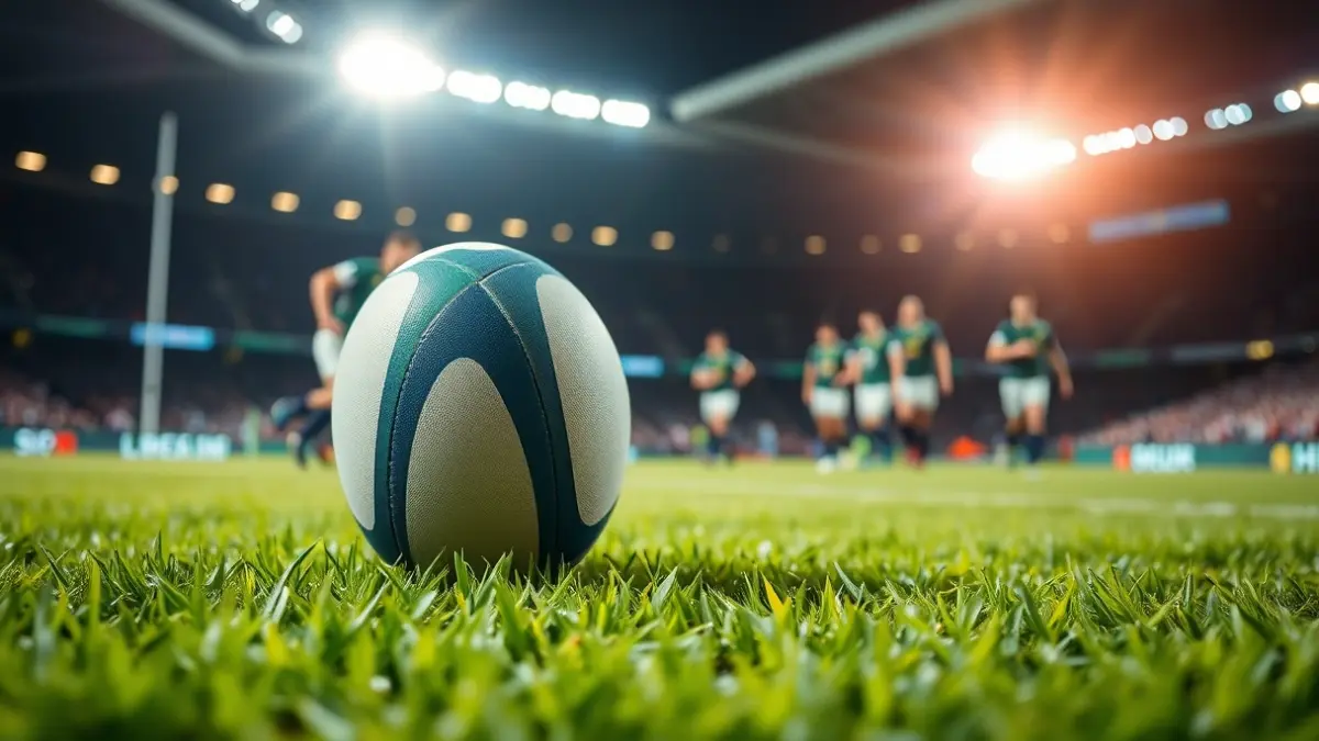 Generic image of a rugby ball on grass, with blurred players in the background.