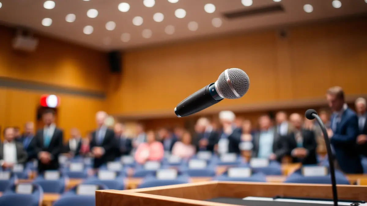Imagen genérica de un micrófono en un podio durante una reunión pública.