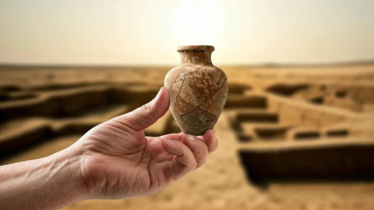 Imagen de un arqueólogo examinando un fragmento de cerámica antigua en un sitio de excavación.