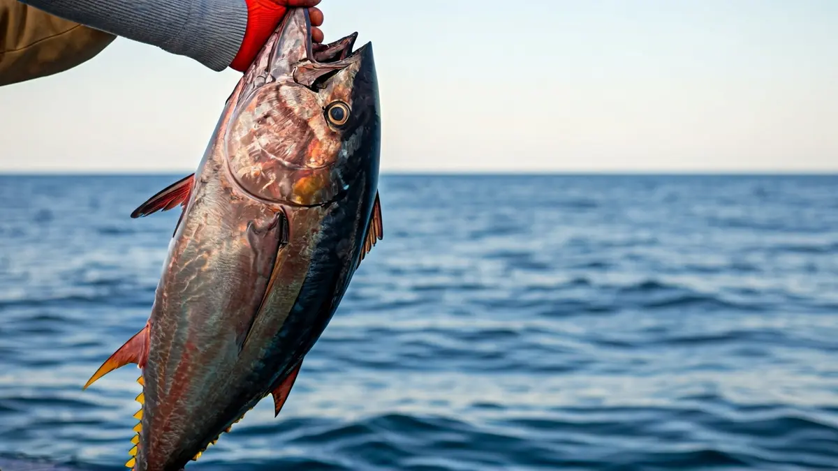 Imagen de un atún rojo siendo izado en una almadraba.