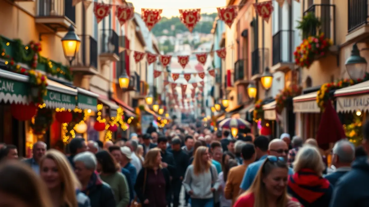 Generic image of a festive street in an Andalusian village with people and decorations.