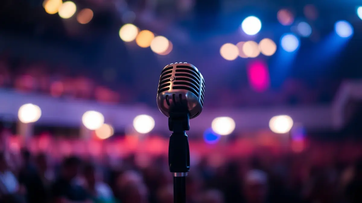 Imagen genérica de un micrófono en un escenario de concierto.