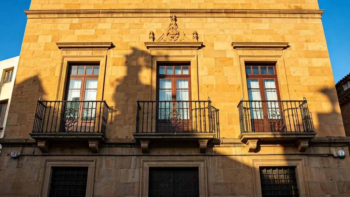 Facade of an Andalusian town hall with balcony and iron railings