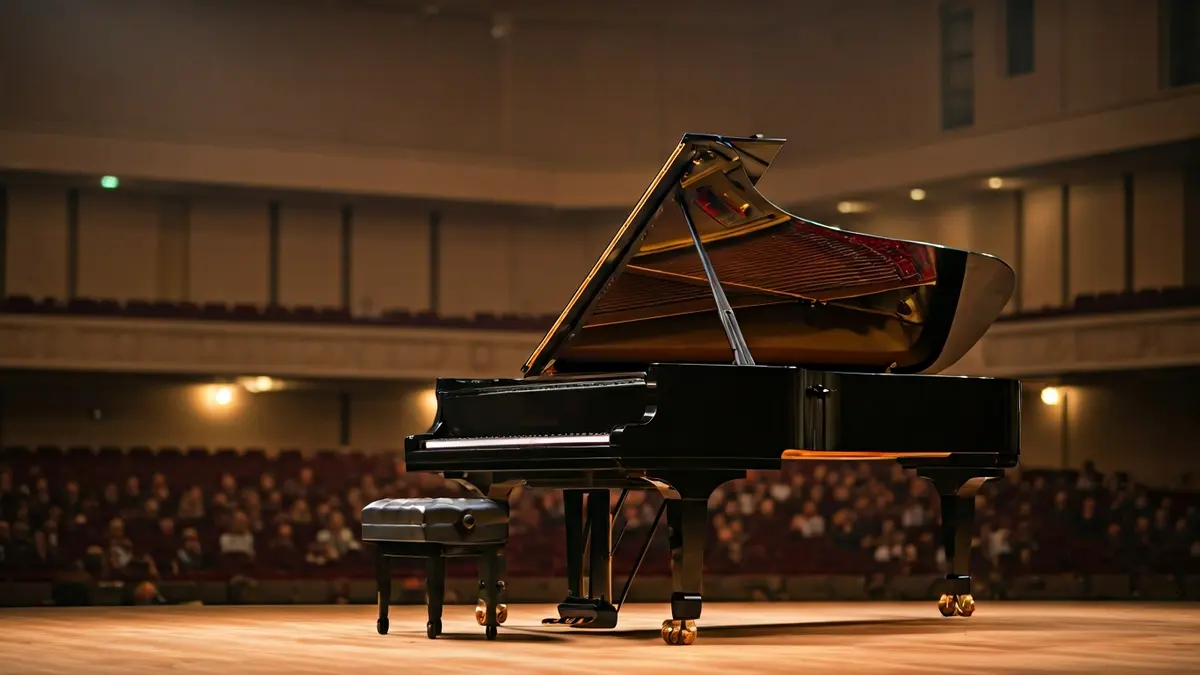 Generic image of a grand piano on a stage, with an empty auditorium in the background.