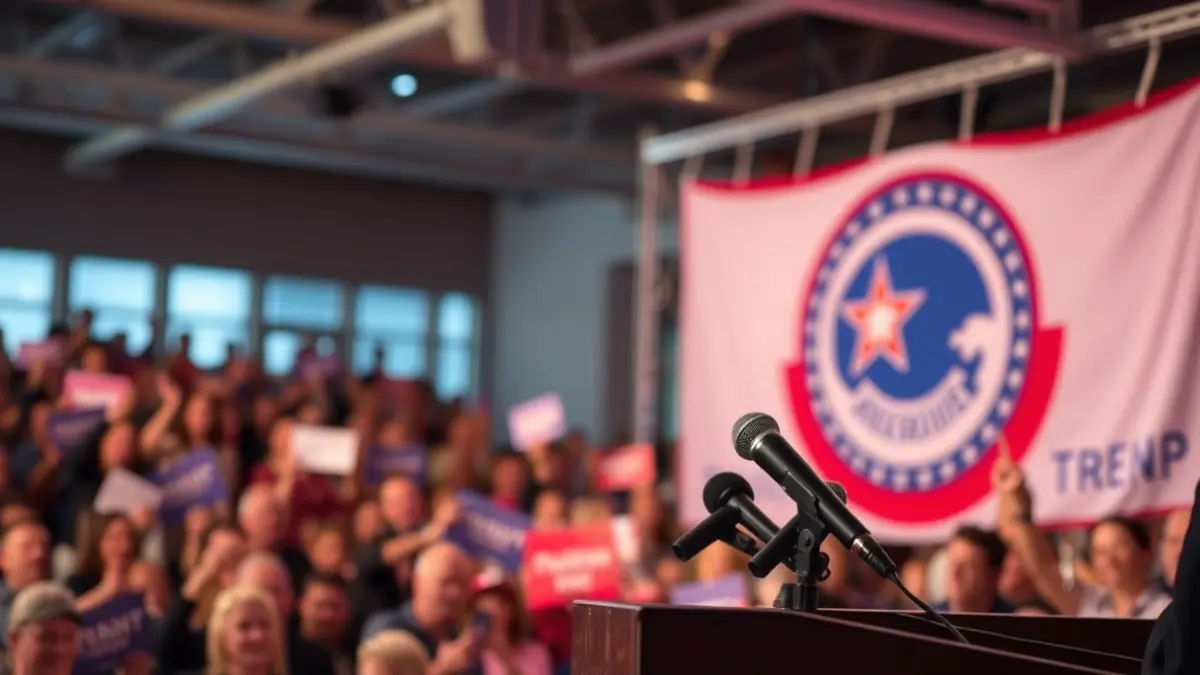 Imagen genérica de un acto político con un podio y un logo de partido.