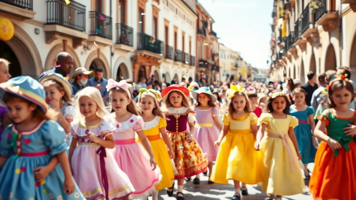 Niños disfrazados de personajes de cuentos clásicos en un pasacalles festivo en Atarfe.