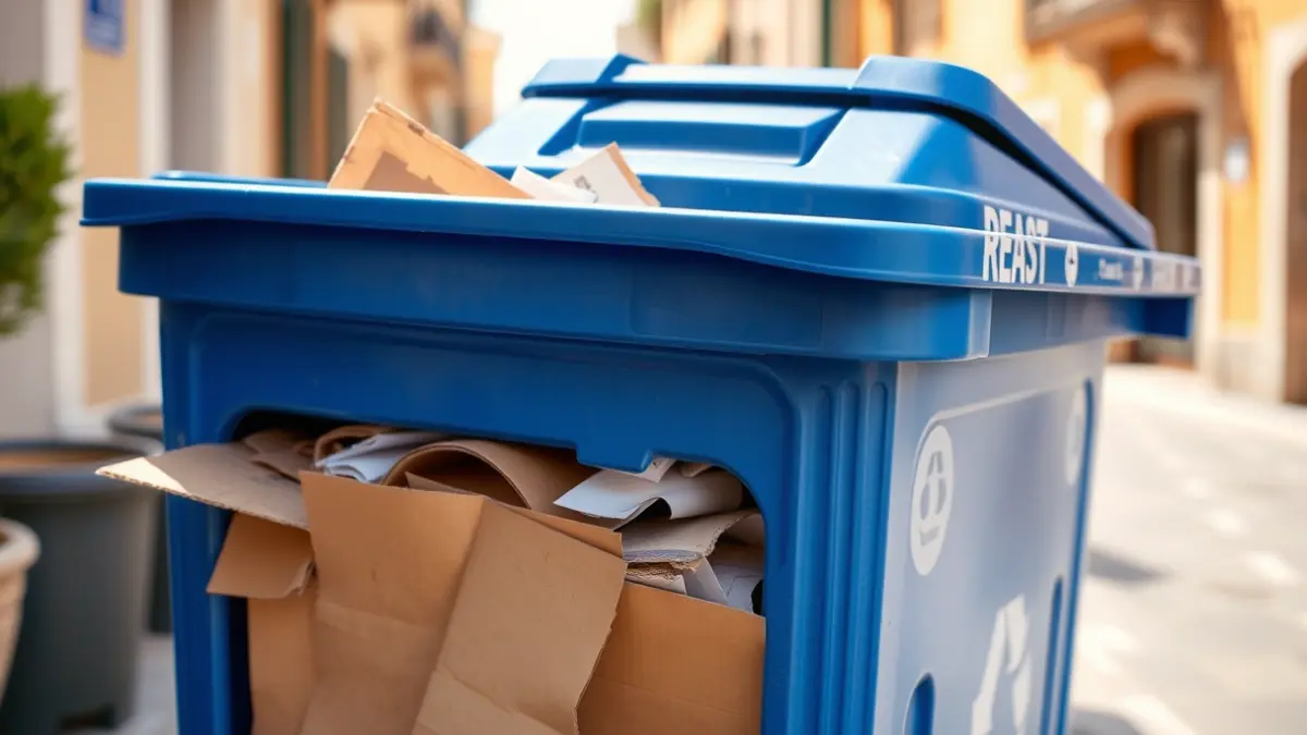 Generic image of a blue recycling bin full of paper and cardboard.