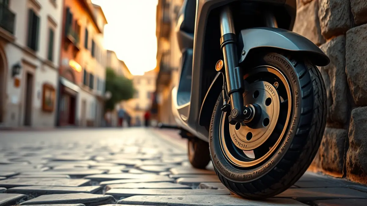 Generic image of an electric scooter parked on a sidewalk in Cadiz at sunset.