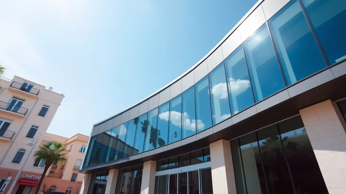 Imagen de un moderno edificio judicial con grandes ventanales en una ciudad mediterránea.
