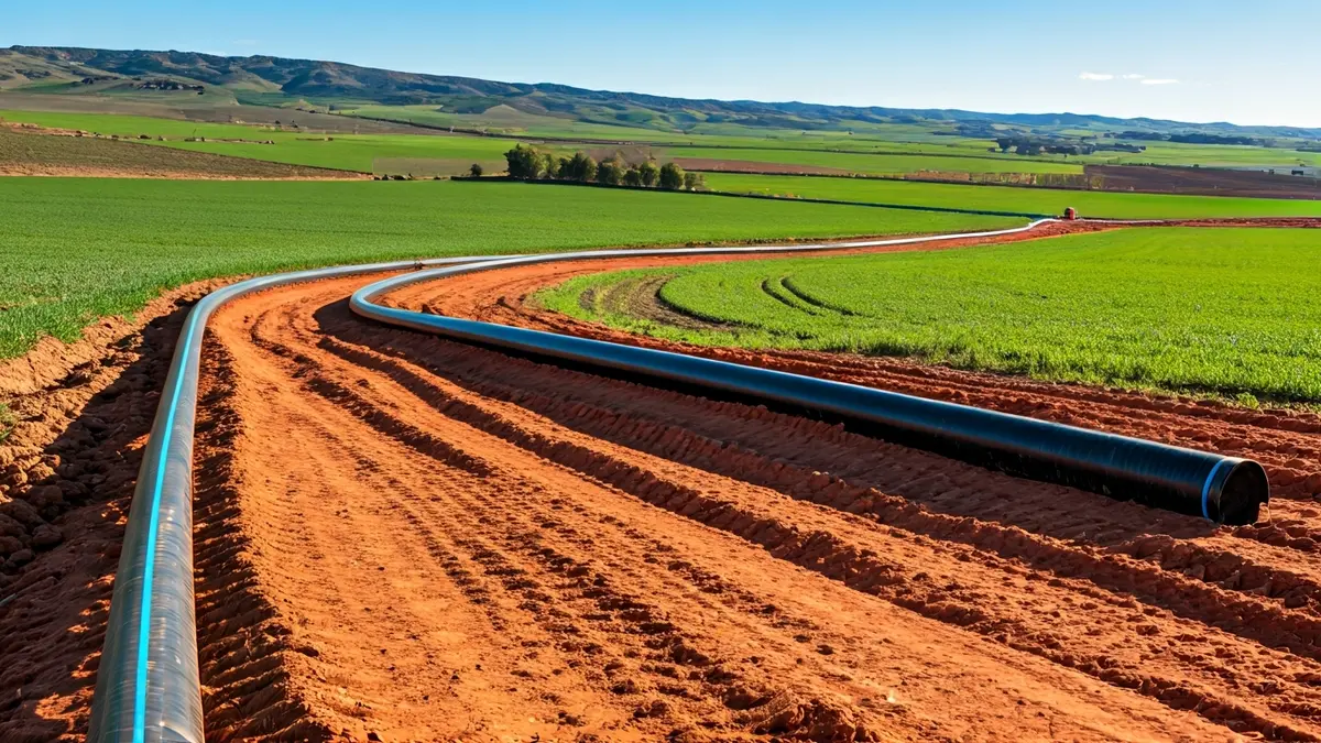 Imagen genérica de tuberías de obra en un paisaje rural andaluz, simbolizando la gestión del agua.