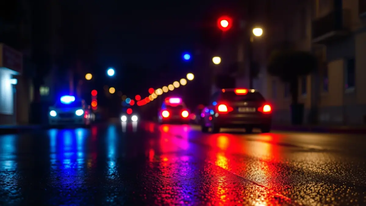 Generic image of emergency lights reflected on wet asphalt.