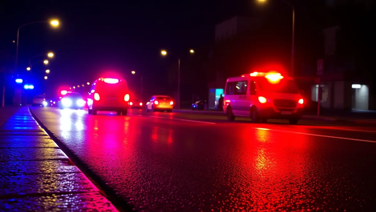 Imagen genérica de luces de emergencia reflejadas en asfalto mojado.