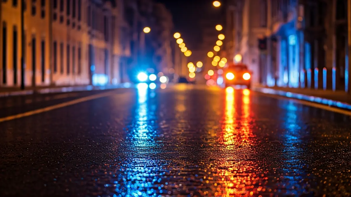 Imagen genérica de luces de emergencia reflejadas en asfalto mojado.