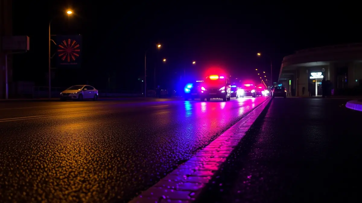 Imagen genérica de luces de emergencia reflejadas en asfalto mojado.