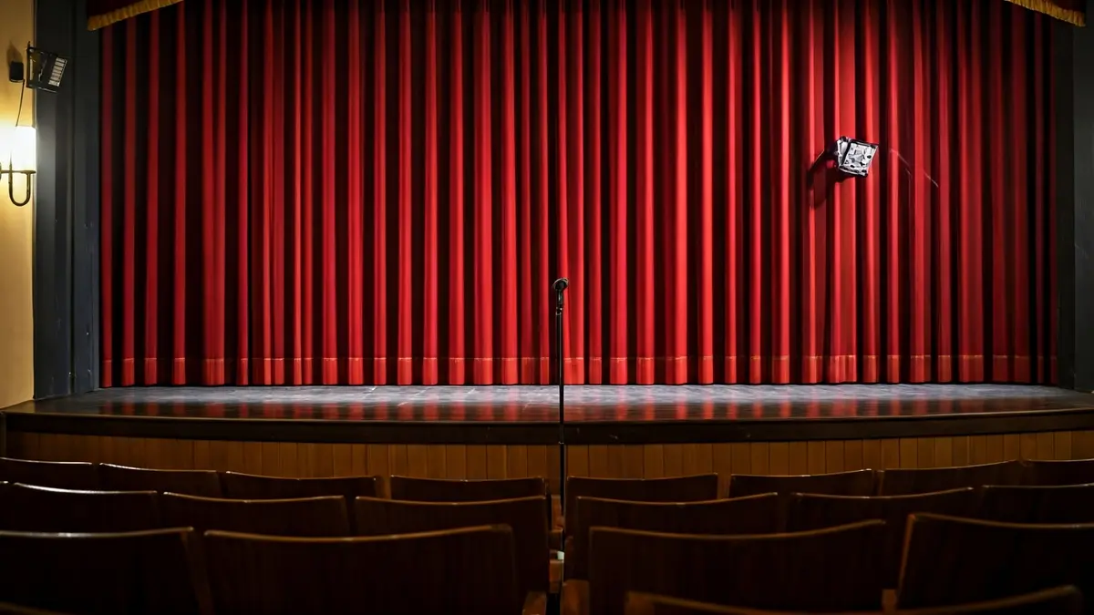 Imagen de un escenario de teatro andaluz con cortinas rojas y un micrófono.